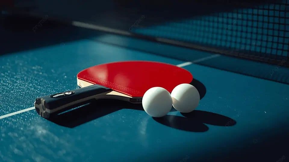 Blue table tennis table with net and paddles